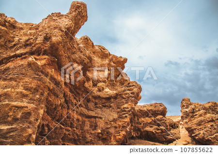 Unusual forms of the Charyn Canyon, formed due to the erosion of soft mineral rocks in the soil in the arid steppe climate of Central Asia 107855622
