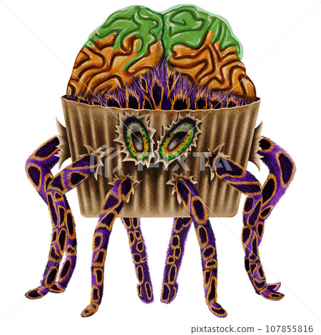 Halloween purple spider with orange circles and green eyes and brain 107855816