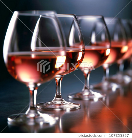 A row of glasses half filled with rose wine 107855837