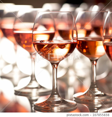 A row of glasses half filled with rose wine 107855838