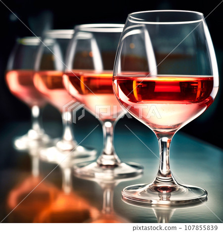 A row of glasses half filled with rose wine 107855839