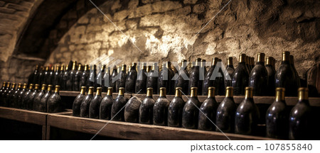 A row of wine bottles lying in a wine cellar 107855840