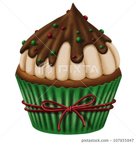 Cute realistic christmas cupcake with red bow and glaze balls chocolate Cute realistic christmas cupcake with red bow and glaze balls chocolate 107855847