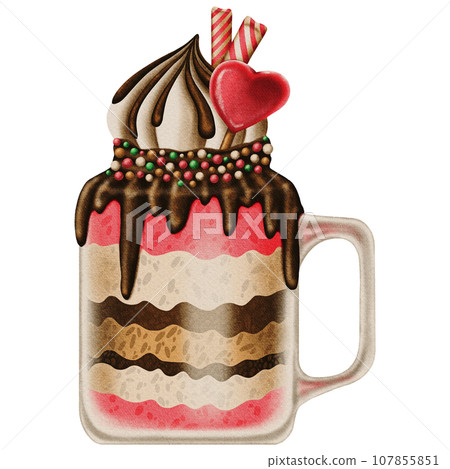 Cute glass with milkshake heart candy sweets and lollipops Cute glass with milkshake heart candy sweets and lollipops 107855851
