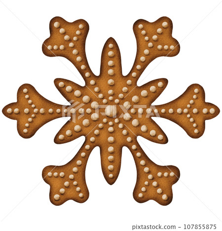 Cute Christmas gingerbread snowflake with white glaze balls Cute Christmas gingerbread snowflake with white glaze balls 107855875