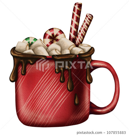 Hot chocolate with marshmallow lollipop sticks and candy Hot chocolate with marshmallow lollipop sticks and candy 107855883