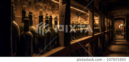 A row of wine bottles lying in a wine cellar A row of wine bottles lying in a wine cellar 107855893