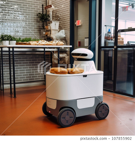 Autonomous robots deliver food to customers, Smart artificial intelligence technology concept Autonomous robots deliver food to customers, Smart artificial intelligence technology concept 107855902