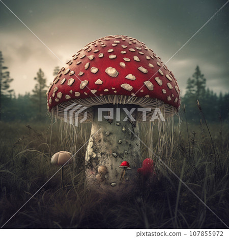 Lonely amanita mushroom close-up Lonely amanita mushroom close-up 107855972