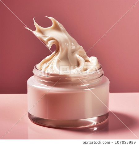 A can of cream lies flat on a cream-pink background 107855989