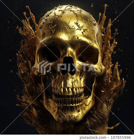 Golden skull, on a black background 107855996