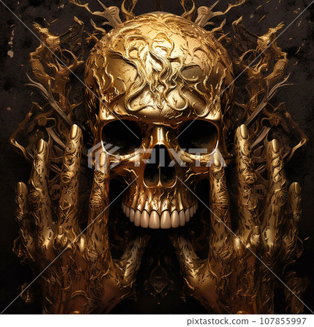 Golden skull, on a black background 107855997