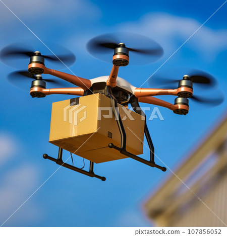 CLOSE UP delivery drone delivers a large brown mail package to the city CLOSE UP delivery drone delivers a large brown mail package to the city 107856052