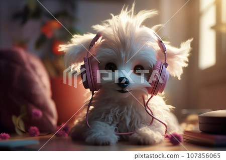 Cute white fairy dog in pink headphones Cute white fairy dog in pink headphones 107856065