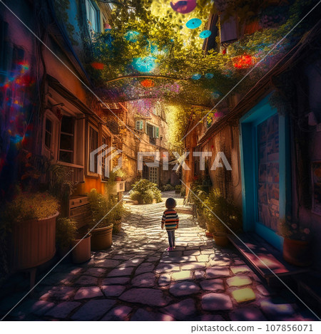 A child is standing on a charming colorful street A child is standing on a charming colorful street 107856071