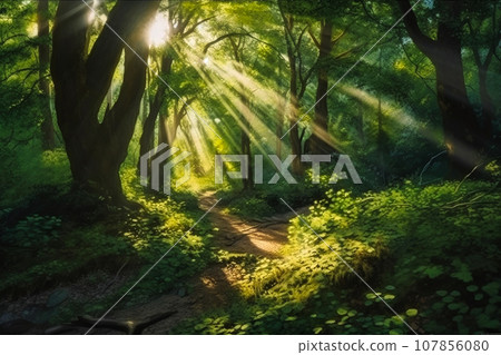 beautiful forest background in the forest with green leaves and the sun breaking through the leaves of the trees beautiful forest background in the forest with green leaves and the sun breaking through the leaves of the trees 107856080