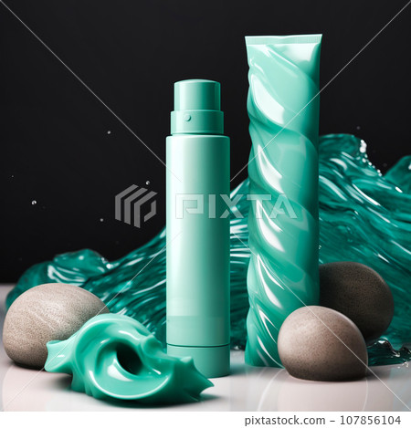 Still life with cream bottles on a green background Still life with cream bottles on a green background 107856104