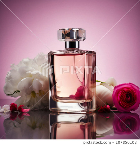 Still life with a bottle of perfume on a pink background Still life with a bottle of perfume on a pink background 107856108