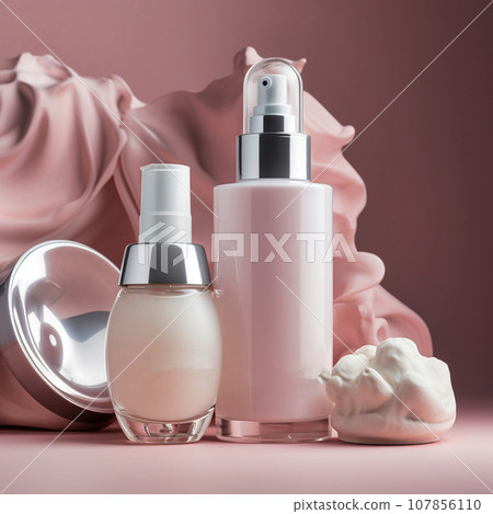 A bottle of cream lies on a pale pink background A bottle of cream lies on a pale pink background 107856110