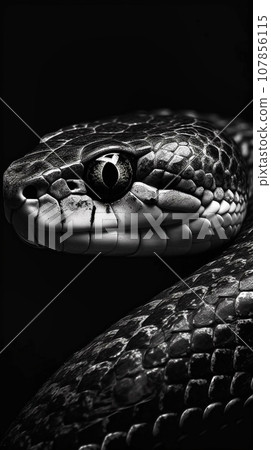Black and white photo of a snake close-up Black and white photo of a snake close-up 107856115