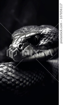 Black and white photo of a snake close-up Black and white photo of a snake close-up 107856117