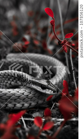 Black and white photo of a snake close-up Black and white photo of a snake close-up 107856120