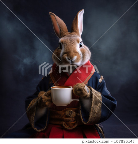 a hare in a kimono drinks tea 107856145