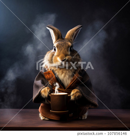 a hare in a kimono drinks tea 107856146