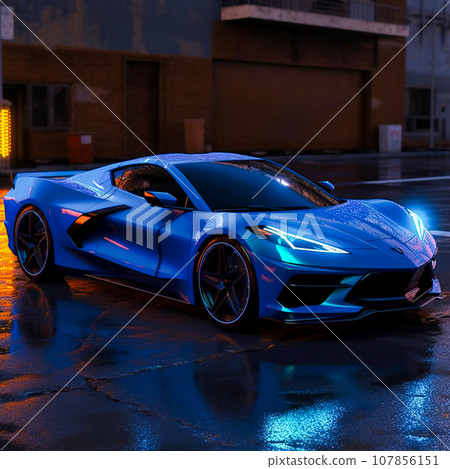 sports blue car on the night streets 107856151