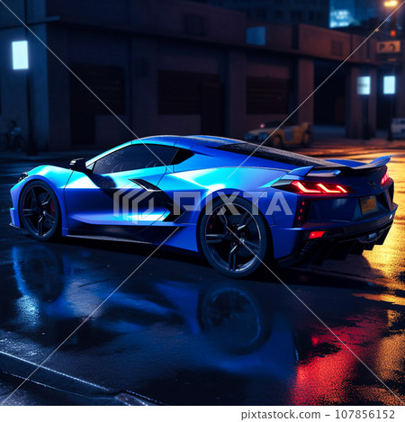 sports blue car on the night streets sports blue car on the night streets 107856152