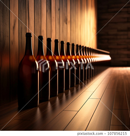 rows of wine bottles at rest with wooden background 107856215