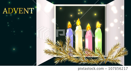 Advent banner with four candles, fir twigs 107856217
