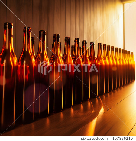 rows of wine bottles at rest with wooden background rows of wine bottles at rest with wooden background 107856219
