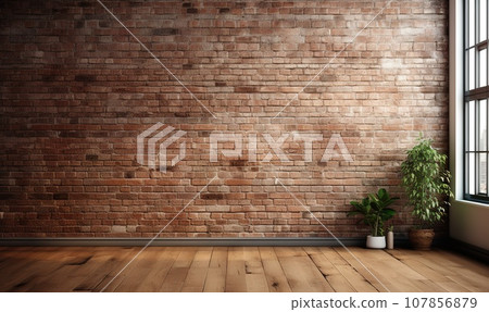 3D rendering of an empty room with a big window in loft style. Wooden floor and brick wall in a modern interior. Bright and spacious space with a lot of natural light. Perfect for copy space. 3D rendering of an empty room with a big window in loft style. Wooden floor and brick wall in a modern interior. Bright and spacious space with a lot of natural light. Perfect for copy space. 107856879