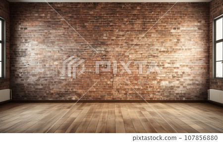 3D rendering of an empty room with a big window in loft style. Wooden floor and brick wall in a modern interior. Bright and spacious space with a lot of natural light. Perfect for copy space. 3D rendering of an empty room with a big window in loft style. Wooden floor and brick wall in a modern interior. Bright and spacious space with a lot of natural light. Perfect for copy space. 107856880