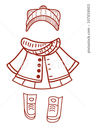 Outline cute winter fashion, fluffy and fabulous clothing, illustrations for decoration Outline cute winter fashion, fluffy and fabulous clothing, illustrations for decoration 107858003