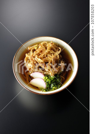 Overhead shot of kakiage soba with fish cake, green onions, and tempura soba against a black background Overhead shot of kakiage soba with fish cake, green onions, and tempura soba against a black background 107858203