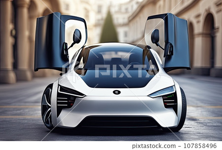 Close-up of electric car charging, ecology transportation concept. This photo was generated using Playground AI 107858496
