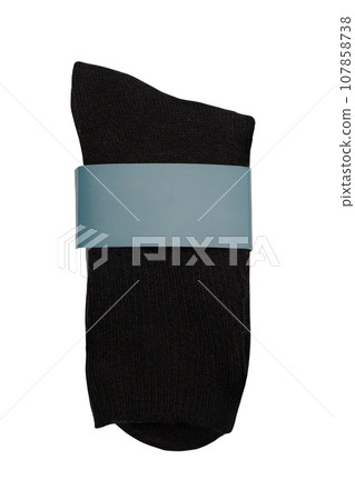Black sock with blank promotional tag and space for text and logo. Isolated on a white background. Copy space. Mockup. 107858738
