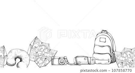 Ink hand drawn vector sketch. Seamless banner. Tourist accessories backpack, vacuum flask with stickers, travel pillow, navigation map. Design for tourism, brochure, wedding, guide, print card tattoo. Ink hand drawn vector sketch. Seamless banner. Tourist accessories backpack, vacuum flask with stickers, travel pillow, navigation map. Design for tourism, brochure, wedding, guide, print card tattoo. 107858770