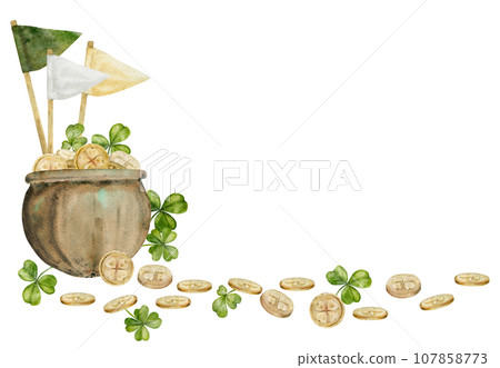 Watercolor hand drawn illustration, Saint Patrick holiday. Leprechaun pot, gold coins, flags, lucky clover. Ireland tradition. Isolated on white background. For invitations, print, website, cards. Watercolor hand drawn illustration, Saint Patrick holiday. Leprechaun pot, gold coins, flags, lucky clover. Ireland tradition. Isolated on white background. For invitations, print, website, cards. 107858773
