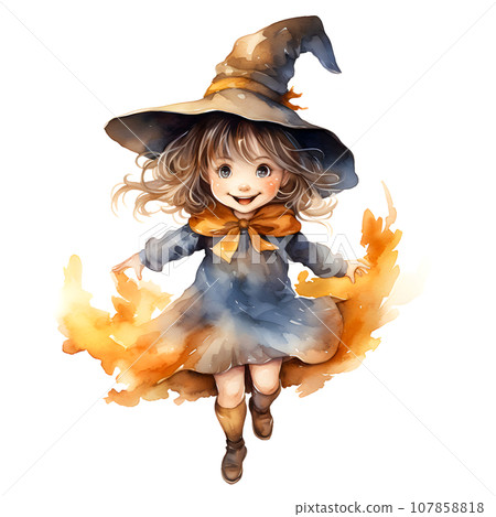 Cute little girl in a witch costume for Halloween party, watercolor illustration Cute little girl in a witch costume for Halloween party, watercolor illustration 107858818