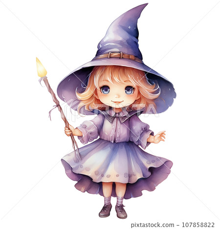 Cute little girl in a witch costume for Halloween party, watercolor illustration Cute little girl in a witch costume for Halloween party, watercolor illustration 107858822