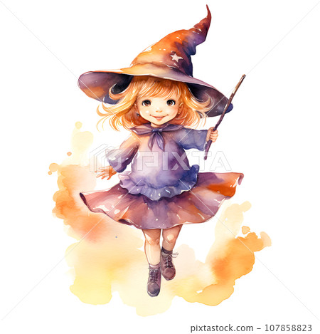 Cute little girl in a witch costume for Halloween party, watercolor illustration Cute little girl in a witch costume for Halloween party, watercolor illustration 107858823