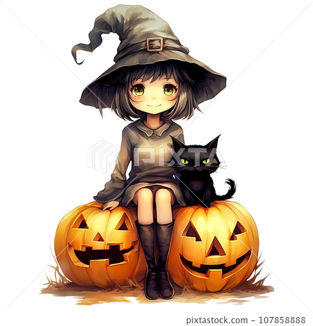 Cute little girl in a witch costume for Halloween party, watercolor illustration Cute little girl in a witch costume for Halloween party, watercolor illustration 107858888