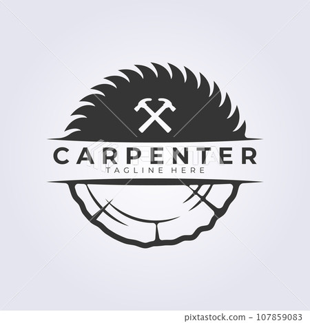 logo of carpentry, woodworker hammer symbol, timber and saw icon vector illustration template design 107859083