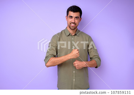 happy deaf bearded handsome man is ready to work happy deaf bearded handsome man is ready to work 107859131