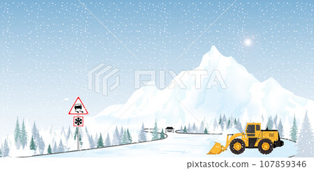 Snow plow truck cleaning snowy road. Snow plow truck cleaning snowy road. 107859346