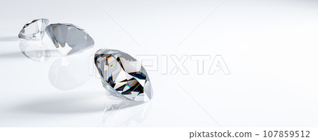 Three White Faceted Diamonds at Various Angles on white background. copy space. wide web banner Three White Faceted Diamonds at Various Angles on white background. copy space. wide web banner 107859512
