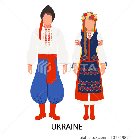 A man and a woman in Ukrainian folk costumes. Culture and traditions of Ukraine. Illustration, vector A man and a woman in Ukrainian folk costumes. Culture and traditions of Ukraine. Illustration, vector 107859891